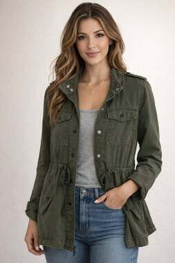 LOFT Army Green Drawstring Utility Jacket with Roll-Tab Sleeves
